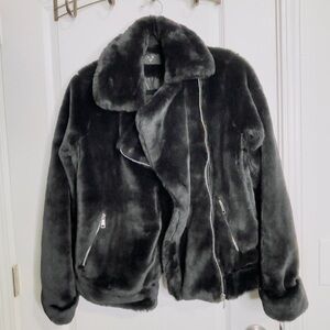 AX Paris Faux Fur Biker Jacket Black Moto Zip Coat